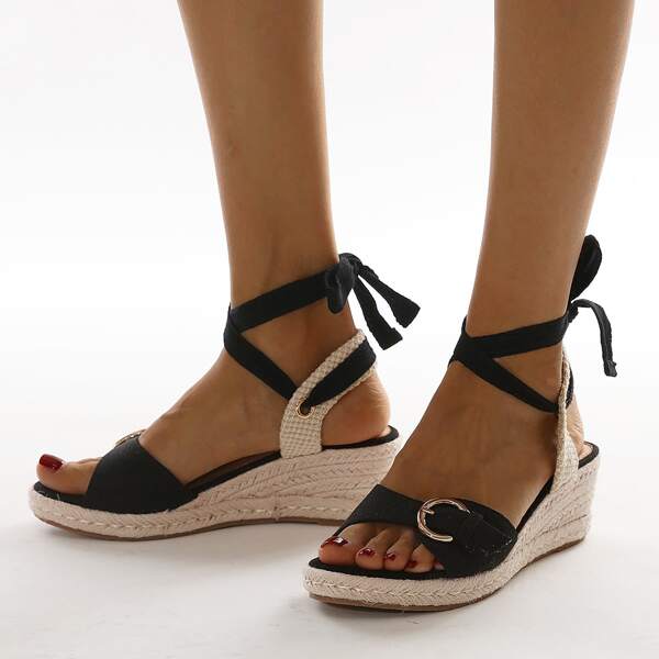 

Buckle Decor Tie Leg Wedge Sandals, Black