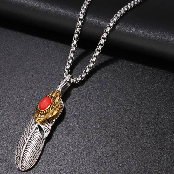 

Men Feather Pendant Necklace, Antique silver