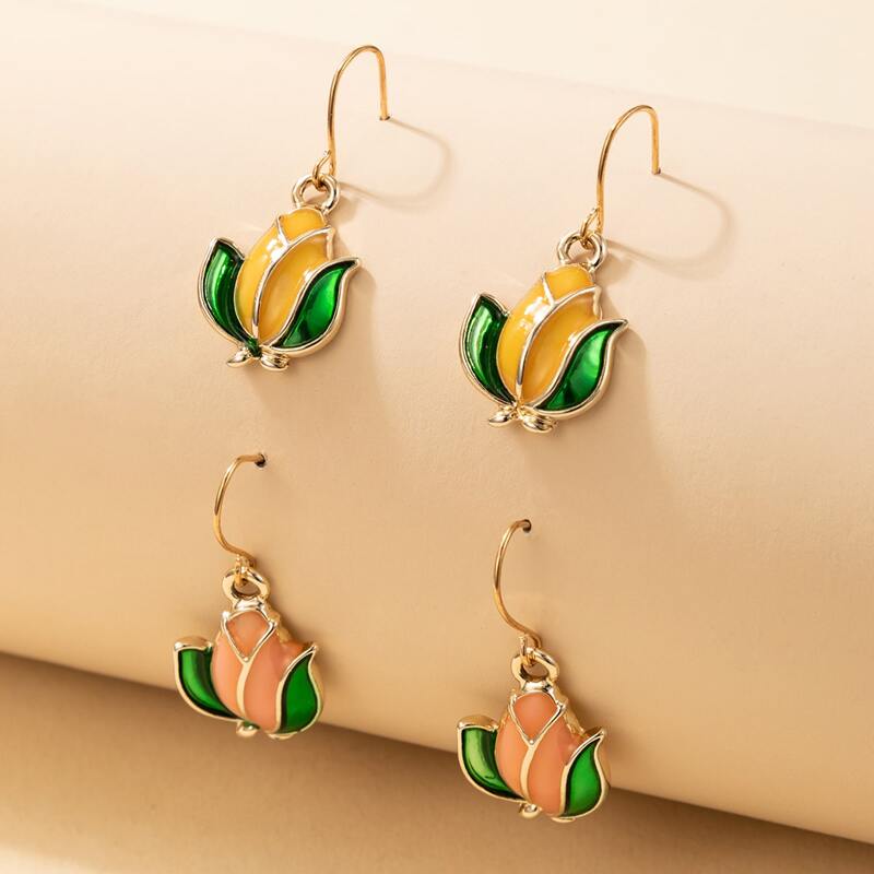 

2pairs Floral Earrings, Multicolor