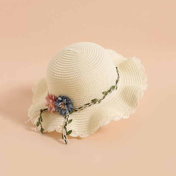 

Girls Flower Decor Straw Hat, Beige