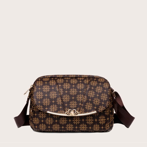 

Metal Decor Graphic Print Crossbody Bag, Coffee brown