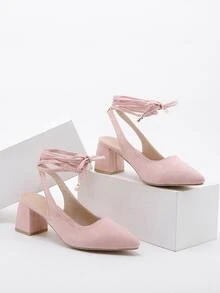 極簡風格粗羅馬高跟鞋 - 淺粉色 - 查看 2