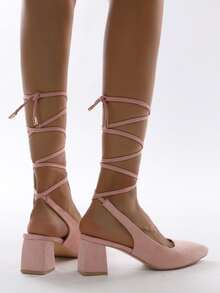 極簡風格粗羅馬高跟鞋 - 淺粉色 - 查看 3