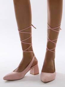 極簡風格粗羅馬高跟鞋 - 淺粉色 - 查看 5