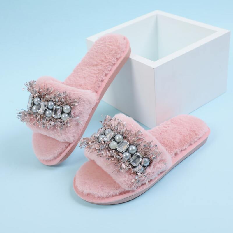 

Faux Pearl & Gemstone Decor Fluffy Slippers, Baby pink