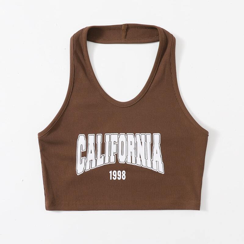 

Letter Ribbed Halter Top, Coffee brown
