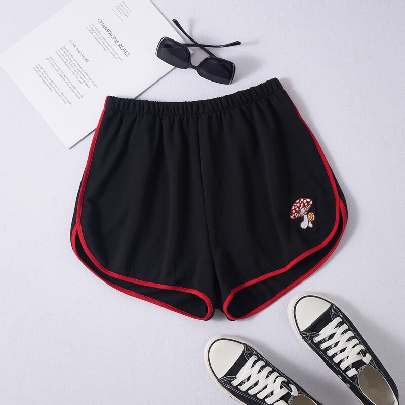 

Mushroom Embroidery Dolphin Shorts, Black