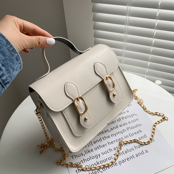 

Pin Buckle Decor Satchel Bag, Beige