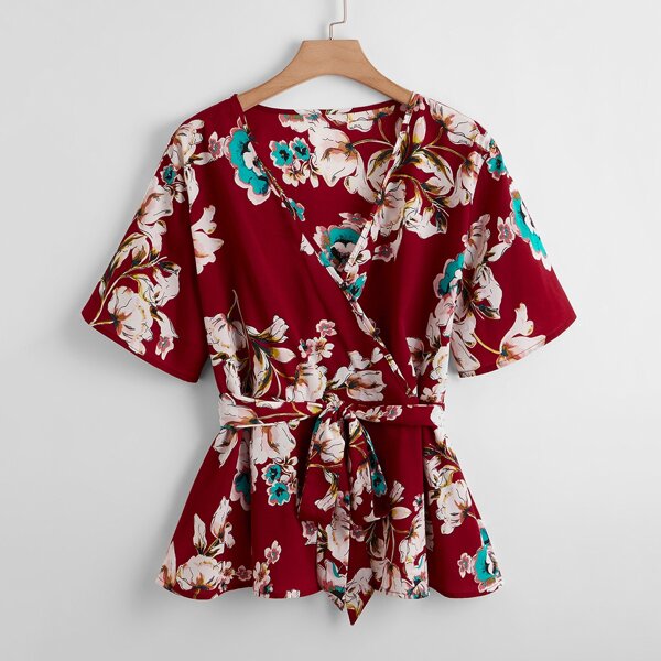 

Plus Floral Surplice Neck Belted Peplum Blouse, Multicolor