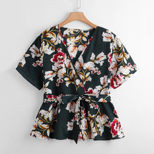 

Plus Floral Surplice Neck Belted Peplum Blouse, Dark green