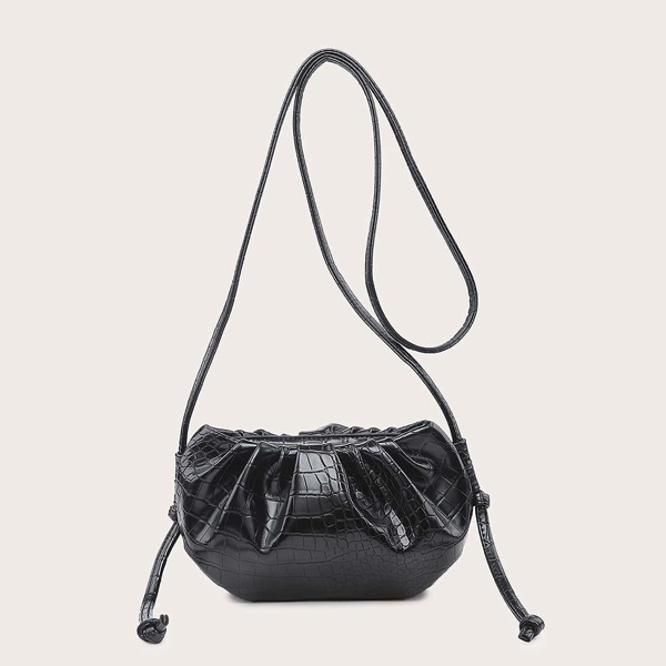 

Ruched Design Croc Embossed Crossbody Bag, Black