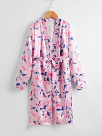 Girls Floral Print Belted Satin Robe