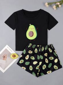 Cartoon And Avocado Print Top & Shorts PJ Set / Pajama Set - Black - View 1