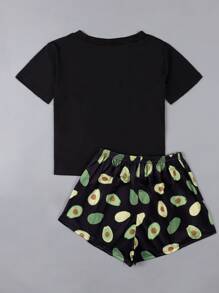 Cartoon And Avocado Print Top & Shorts PJ Set / Pajama Set - Black - View 2