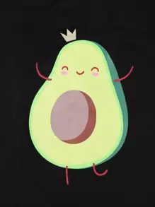 Cartoon And Avocado Print Top & Shorts PJ Set / Pajama Set - Black - View 4