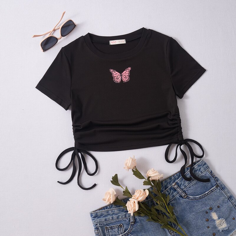 

Butterfly Graphic Drawstring Ribbed Tee, Black