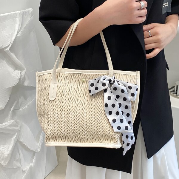 

Twilly Scarf Decor Straw Bag, Beige