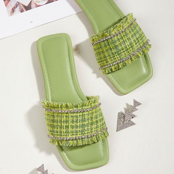 

Rhinestone Decor Fray Trim Slide Sandals, Mint green