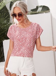 SHEIN VCAY Batwing Sleeve Ditsy Floral Top - Baby Pink - View 1