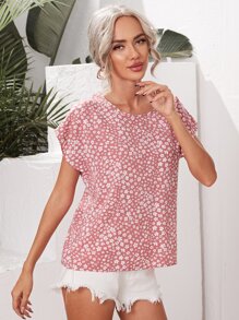 SHEIN VCAY Batwing Sleeve Ditsy Floral Top - Baby Pink - View 4