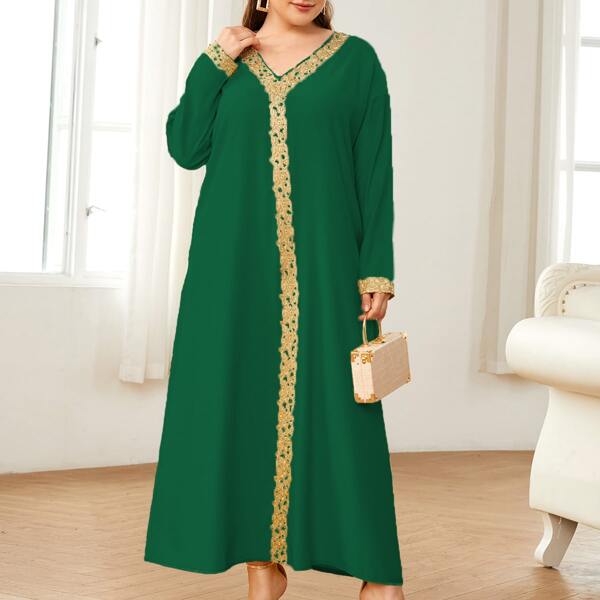 

Plus Contrast Lace V Neck Tunic Dress, Green
