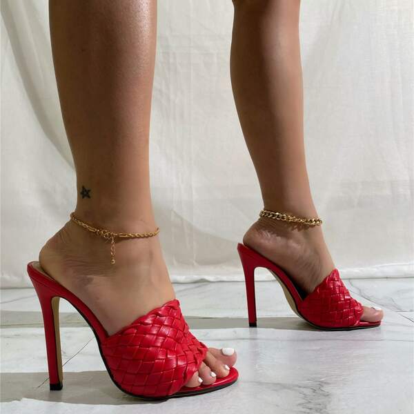 

Braided Stiletto Heeled Mule Sandals, Red