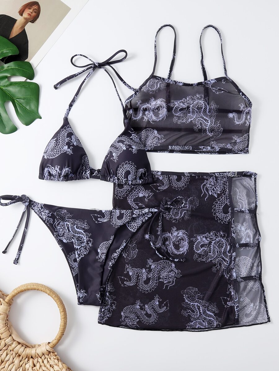 4packs Halter Bikini Set & Dragon Print Mesh Cover Up, For Summer Beach Vacation - Multicolor - View 1