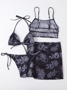 4packs Halter Bikini Set & Dragon Print Mesh Cover Up, For Summer Beach Vacation - Multicolor - View 2