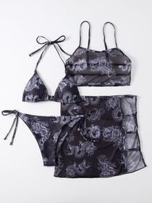 4packs Halter Bikini Set & Dragon Print Mesh Cover Up, For Summer Beach Vacation - Multicolor - View 3