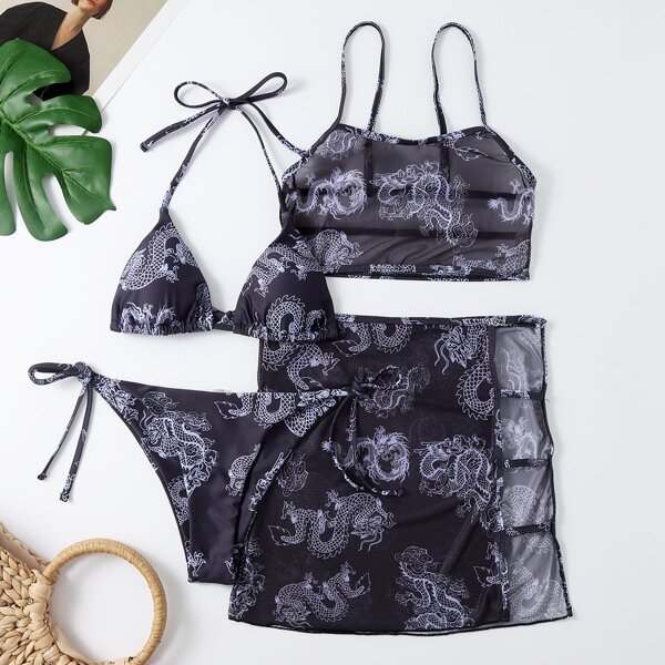 

4pack Halter Bikini Swimsuit With Dragon Print Mesh Cover Up, Multicolor