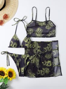 Baju renang bikini halterneck 4 potong dengan blus jaring motif naga - MultiWarna - View 1