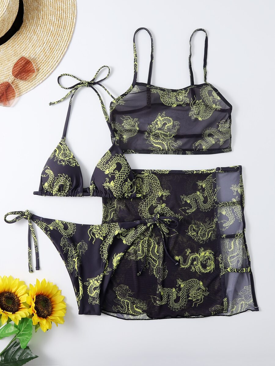 Baju renang bikini halterneck 4 potong dengan blus jaring motif naga - MultiWarna - View 1