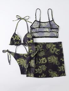 Baju renang bikini halterneck 4 potong dengan blus jaring motif naga - MultiWarna - View 2