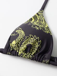 Baju renang bikini halterneck 4 potong dengan blus jaring motif naga - MultiWarna - View 4