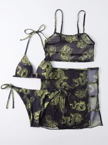 Baju renang bikini halterneck 4 potong dengan blus jaring motif naga - MultiWarna - View 5