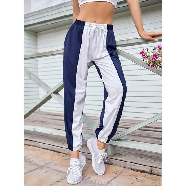 

Two Tone Drawstring Sports Pants, Blue and white