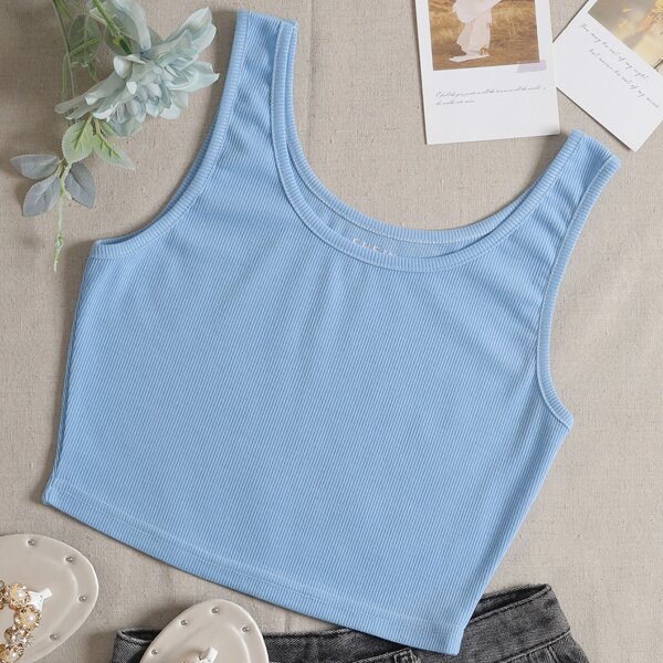 

Rib-knit Crop Solid Tank Top, Blue