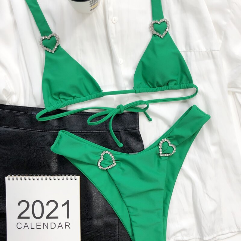 

Rhinestone Heart Decor Triangle Bikini Swimsuit, Green