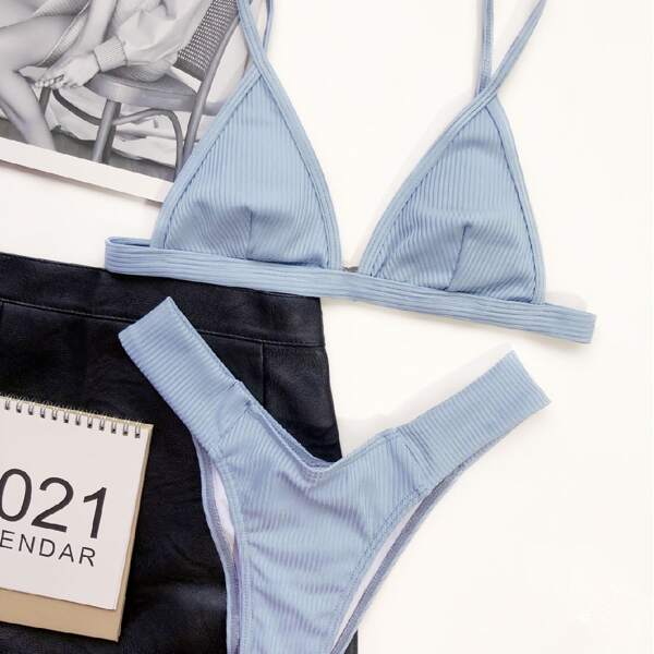 

Rib Triangle Bikini Swimsuit, Dusty blue