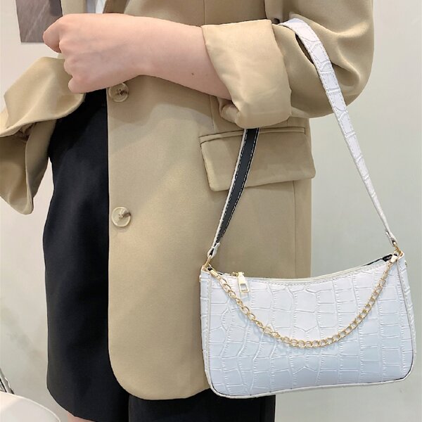 

Croc Embossed Chain Decor Shoulder Bag, White