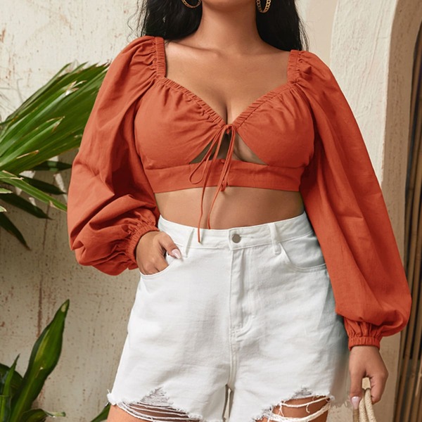 

Plus Lantern Sleeve Tie Front Milkmaid Crop Top, Orange