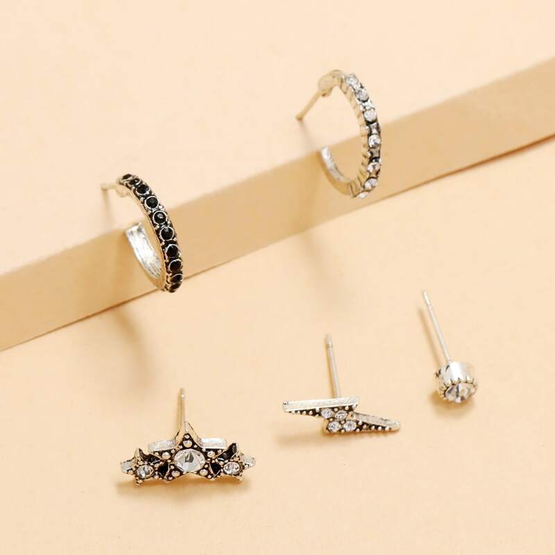 

5pcs Rhinestone Decor Earrings, Antique silver