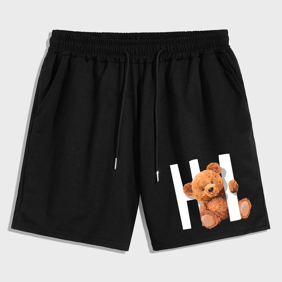 

Guys Letter Cartoon Bear Graphic Drawstring Shorts, Black