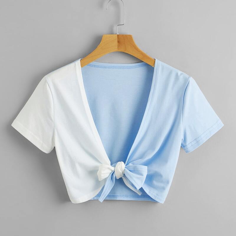 

Two Tone Tie Front Top, Blue and white