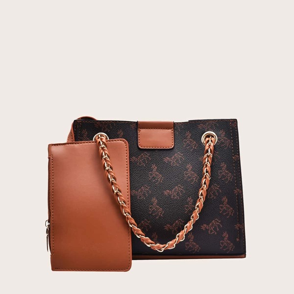 

Graphic Print Chain Shoulder Bag With Purse, Brown
