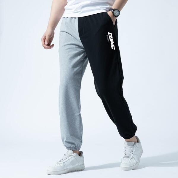 

Men Letter Graphic Drawstring Spliced Sweatpants, Multicolor