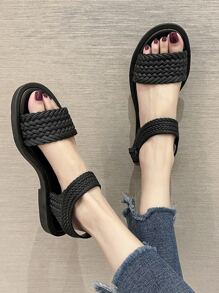 Braided Design Ankle Strap Sandals - Black - View 1