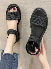 Braided Design Ankle Strap Sandals - Black - View 2
