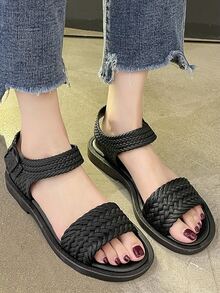 Braided Design Ankle Strap Sandals - Black - View 3