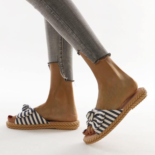 

Striped Bow Decor Slide Sandals, Blue and white